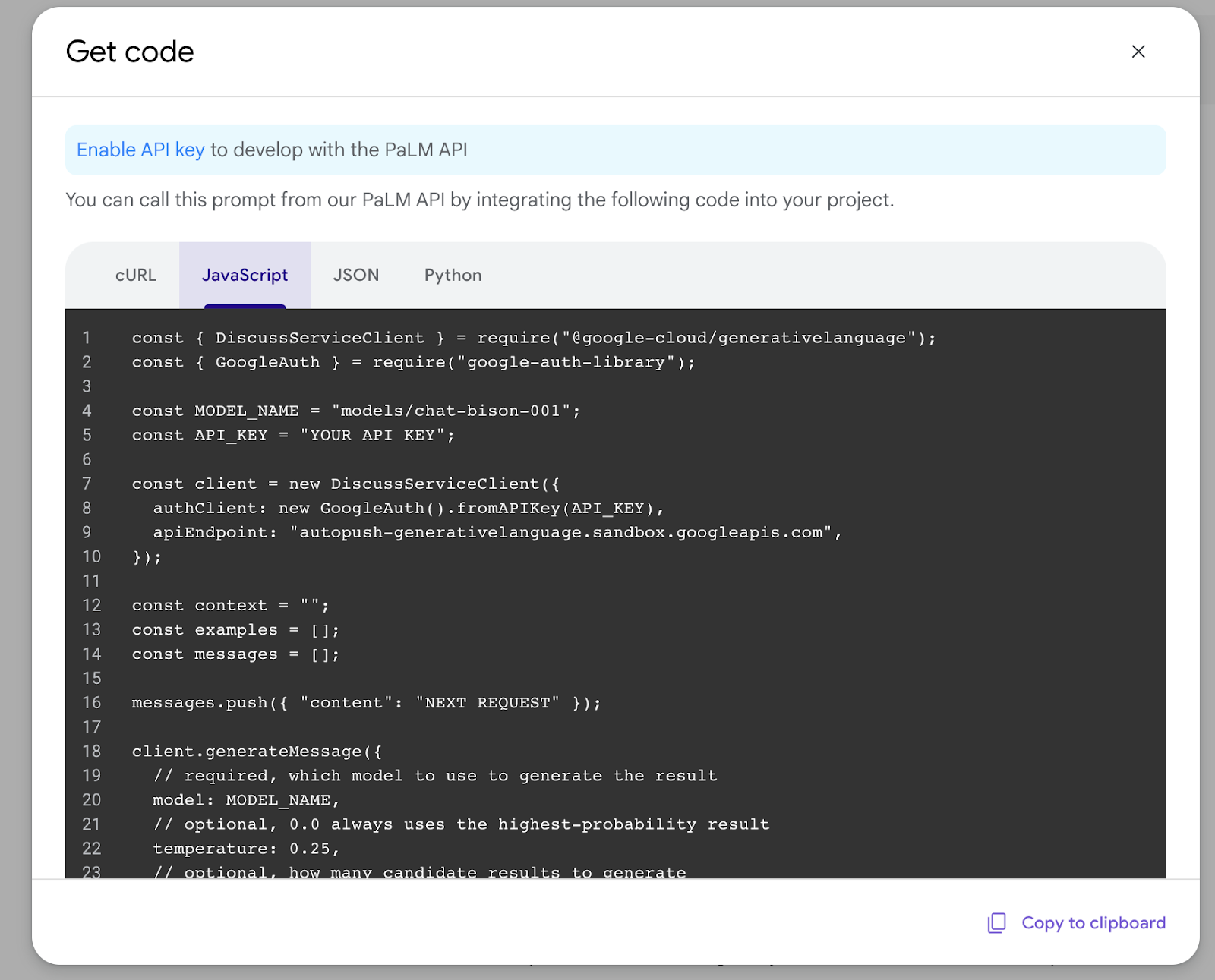 Finestra di dialogo che mostra il codice generato da Makersuite. Gli utenti possono scegliere se utilizzare cURL, librerie JavaScript o Python oppure recuperare le informazioni del prompt in formato JSON.