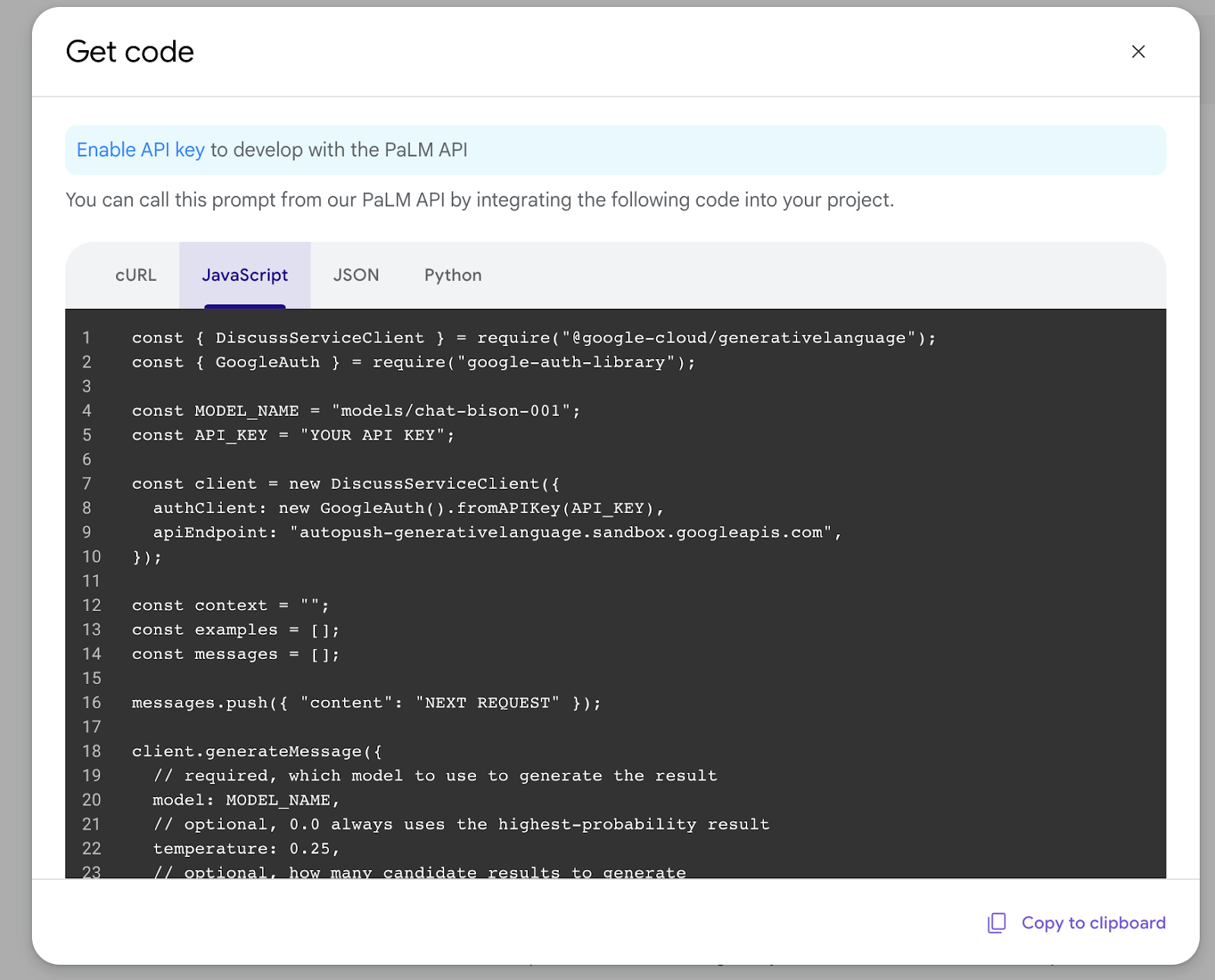 Makersuite에서 생성된 코드가 표시된 대화상자 사용자는 cURL, JavaScript, Python 라이브러리 중에서 사용하거나 프롬프트 정보를 JSON으로 가져올지 선택할 수 있습니다.