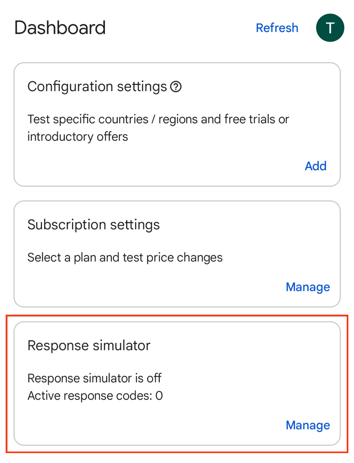 Painel do Play Billing Lab com simulador de resposta