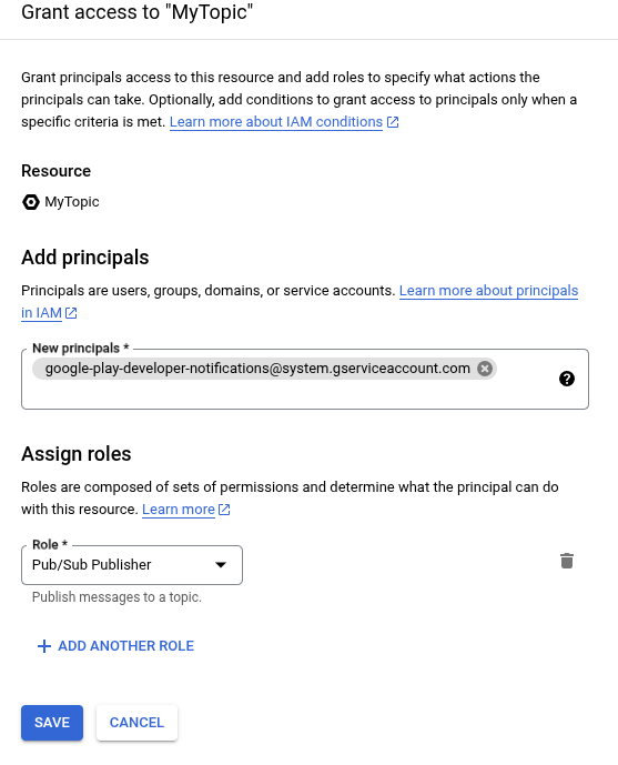 サービス アカウント google-play-developer-notifications@system.gserviceaccount.com を追加し、Pub/Sub パブリッシャーの役割を付与します。