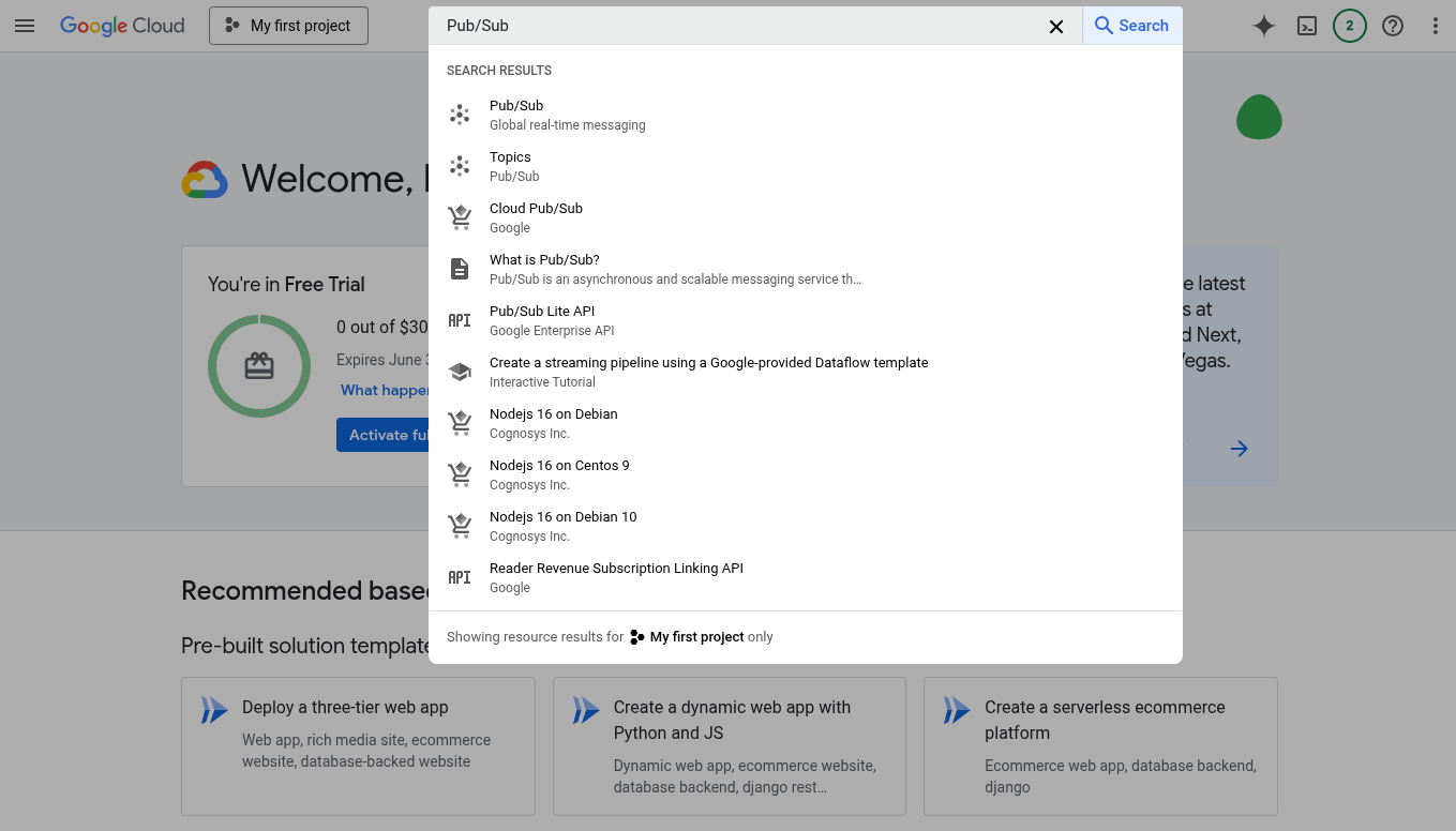 Search and land on the Pub/Sub config page