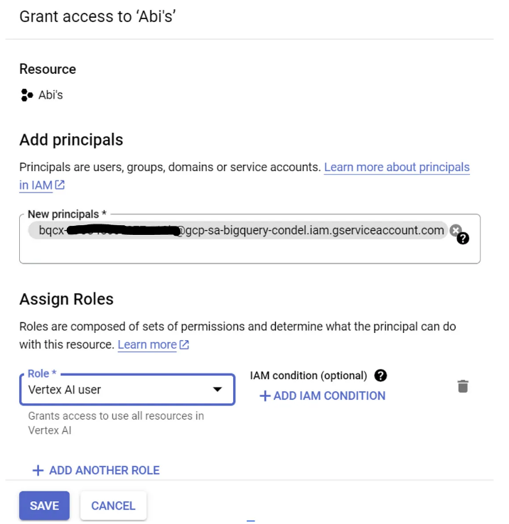 Grant access to Service Account screenshot