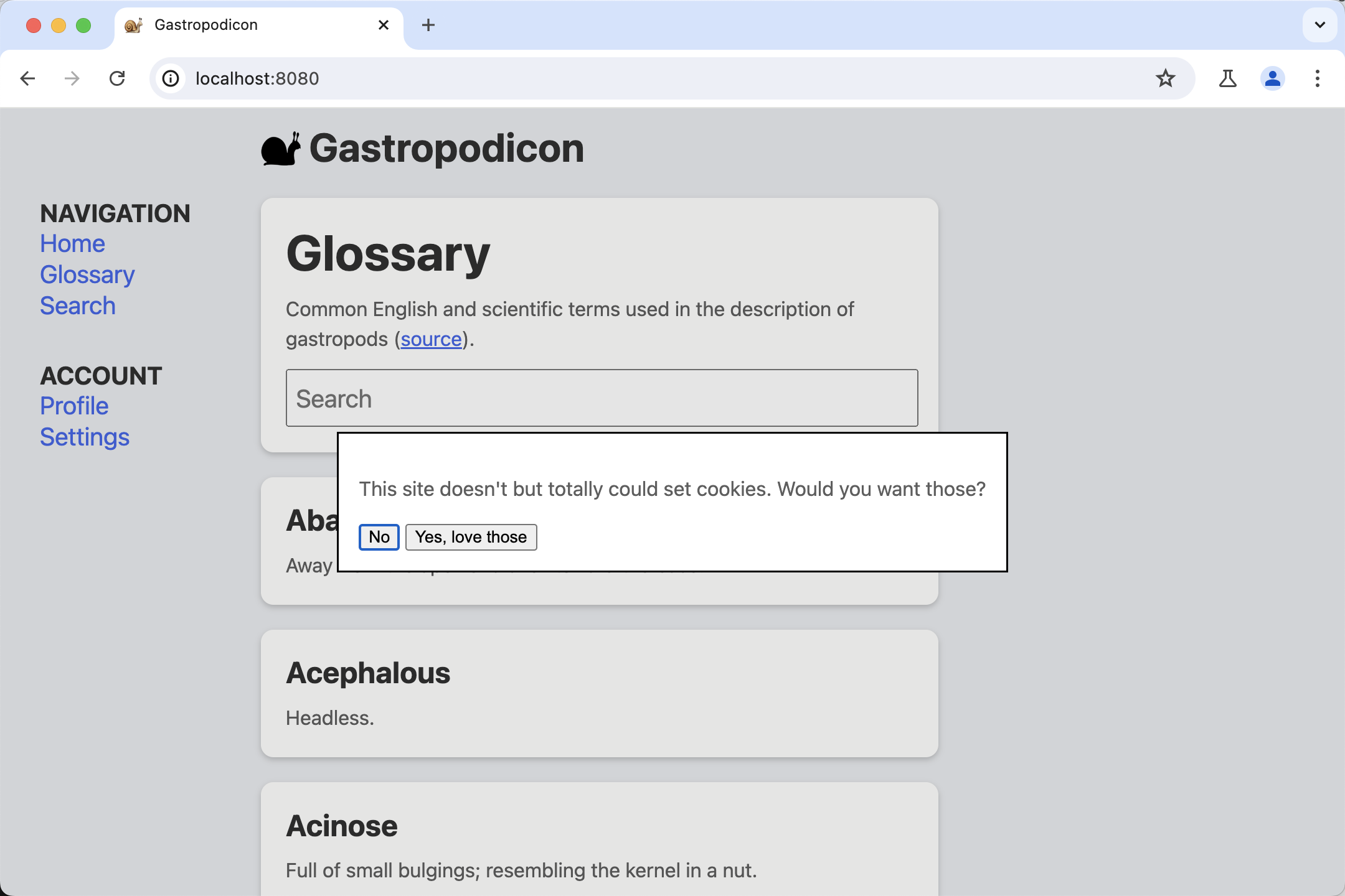 Uma captura de tela da página de demonstração do Gastropodicon