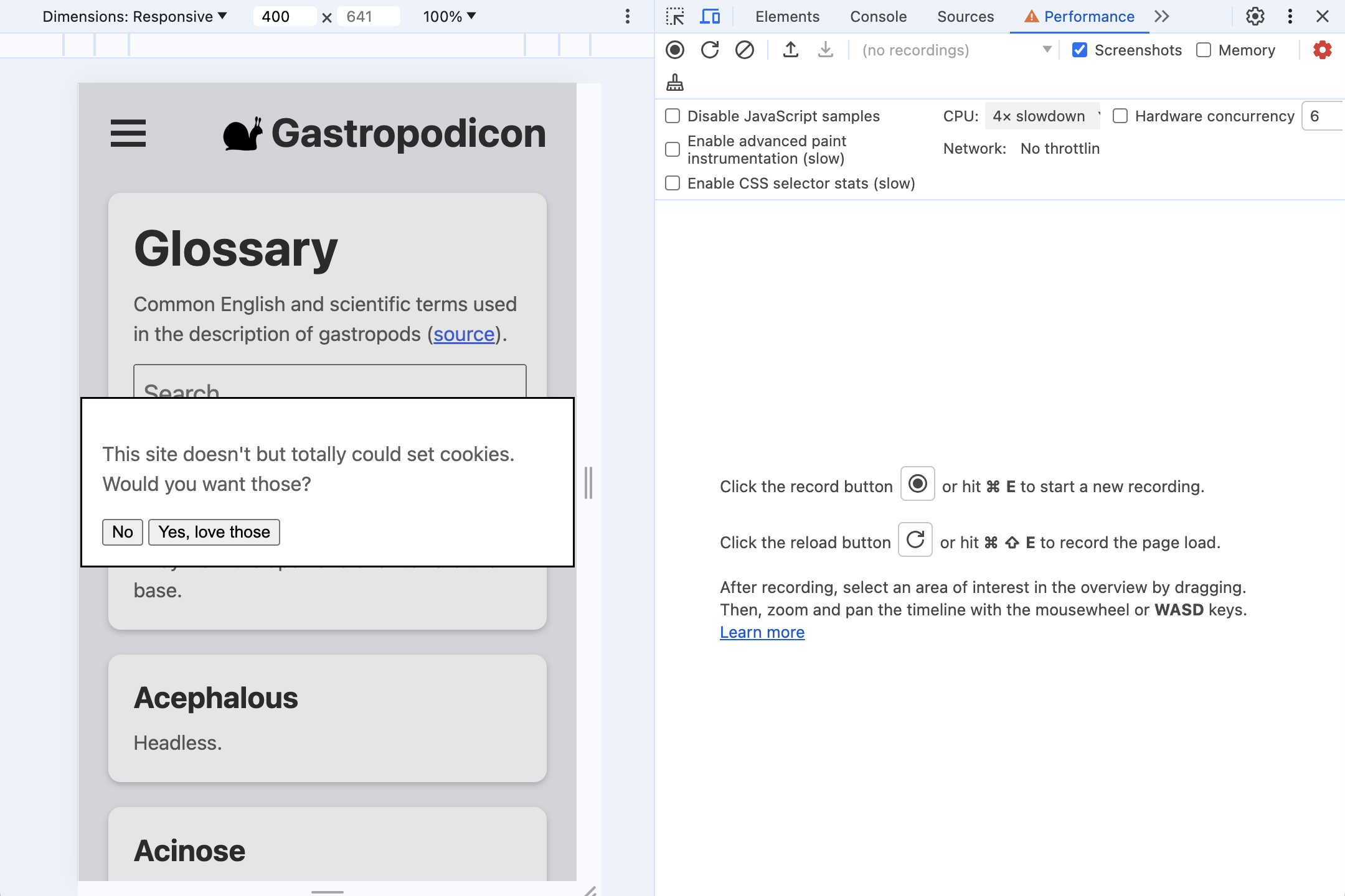 Capture d'écran du panneau "Performances" des outils de développement à côté de l'application, avec un ralentissement du processeur de 4x sélectionné
