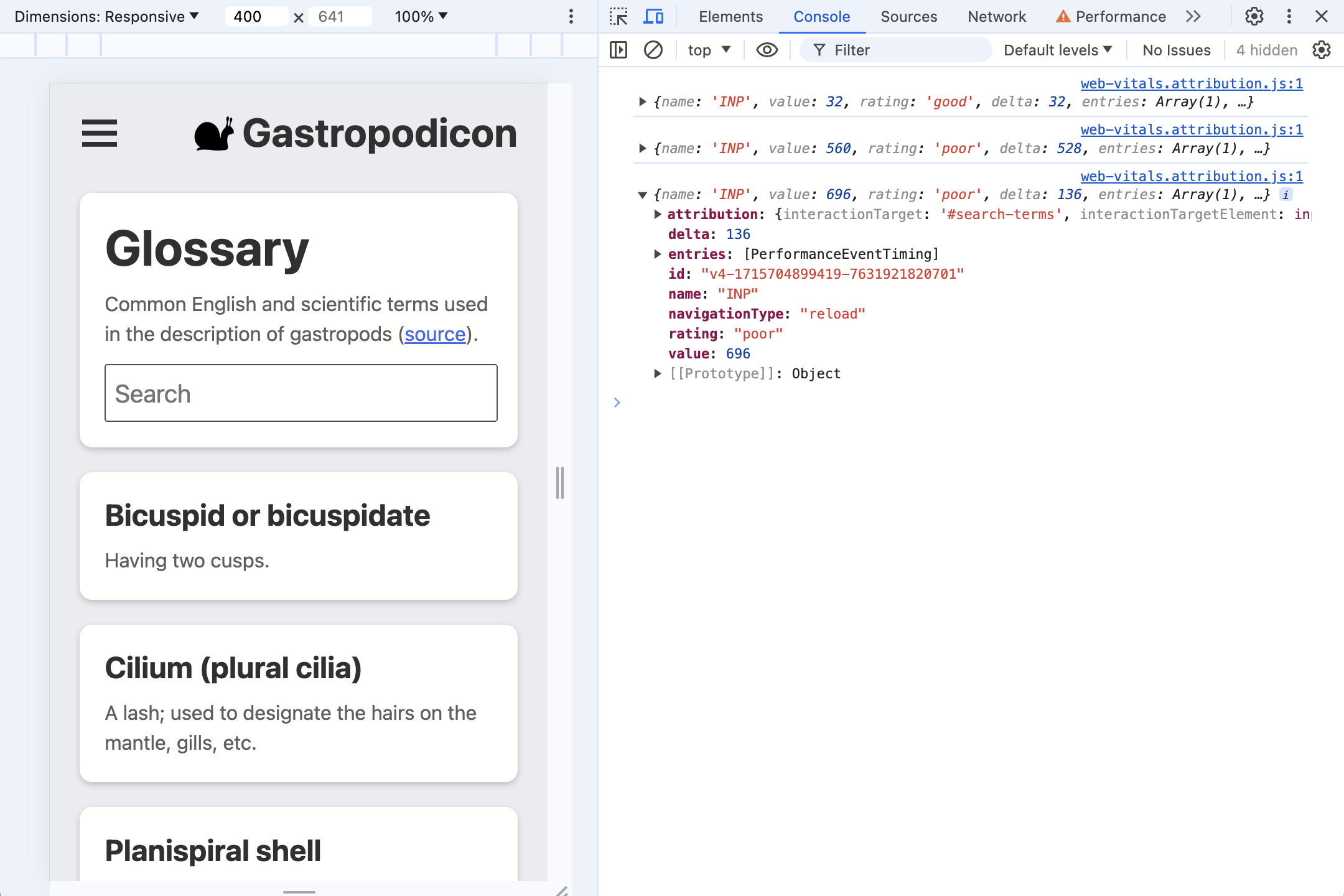 Captura de pantalla de la consola de Herramientas para desarrolladores con mensajes del INP impresos correctamente