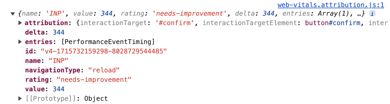 Objet de données INP enregistré dans la console DevTools