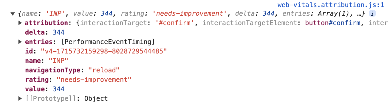DevTools 콘솔에 기록된 INP 데이터 객체