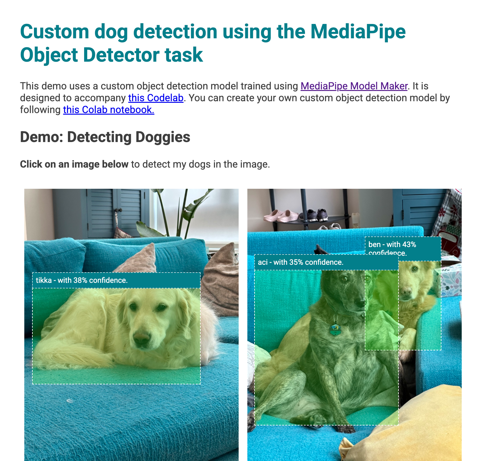 Una vista previa de la app web con cuadros delimitadores sobre los perros que se detectaron en las imágenes