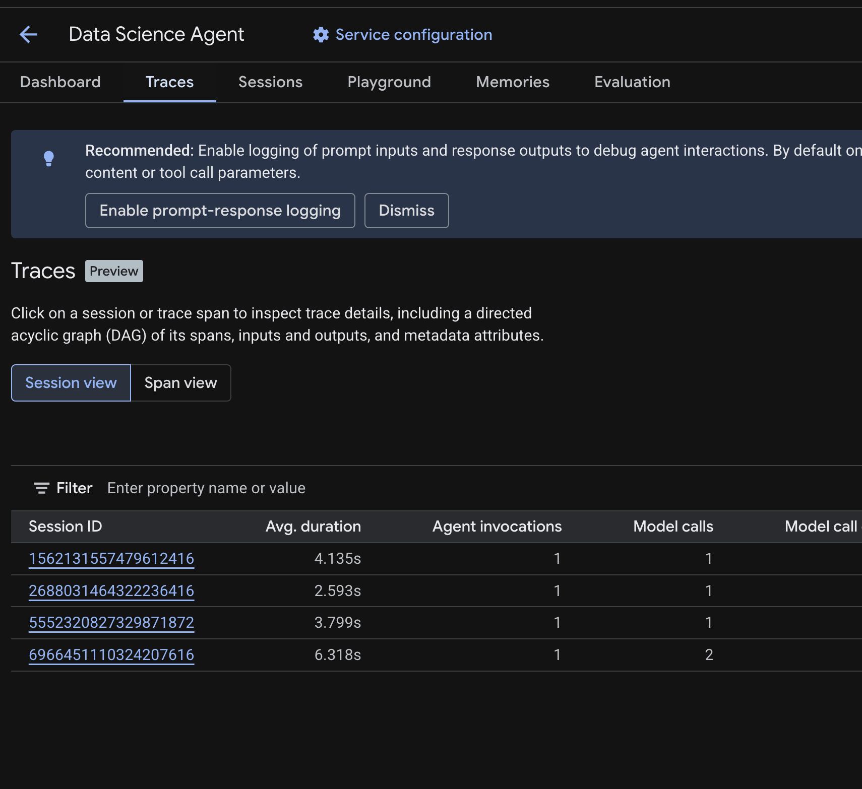 Guia "Rastreamentos" mostrando a tabela de sessões