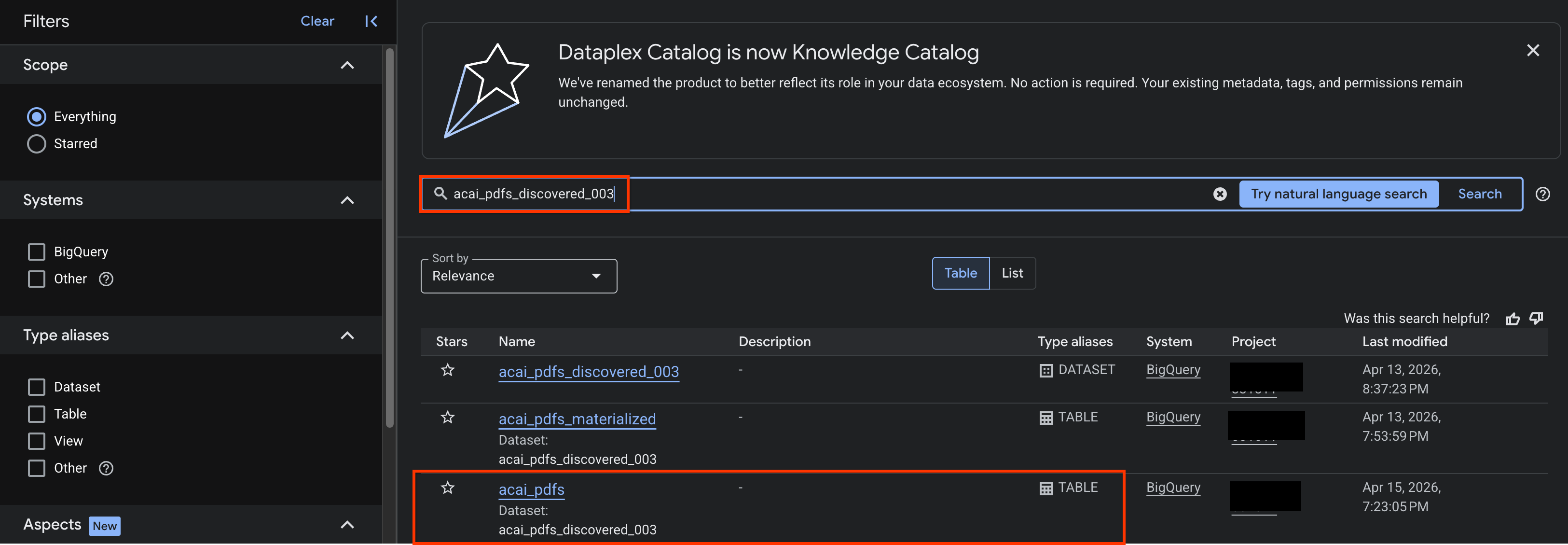 Cómo ver la tabla en Knowledge Catalog 