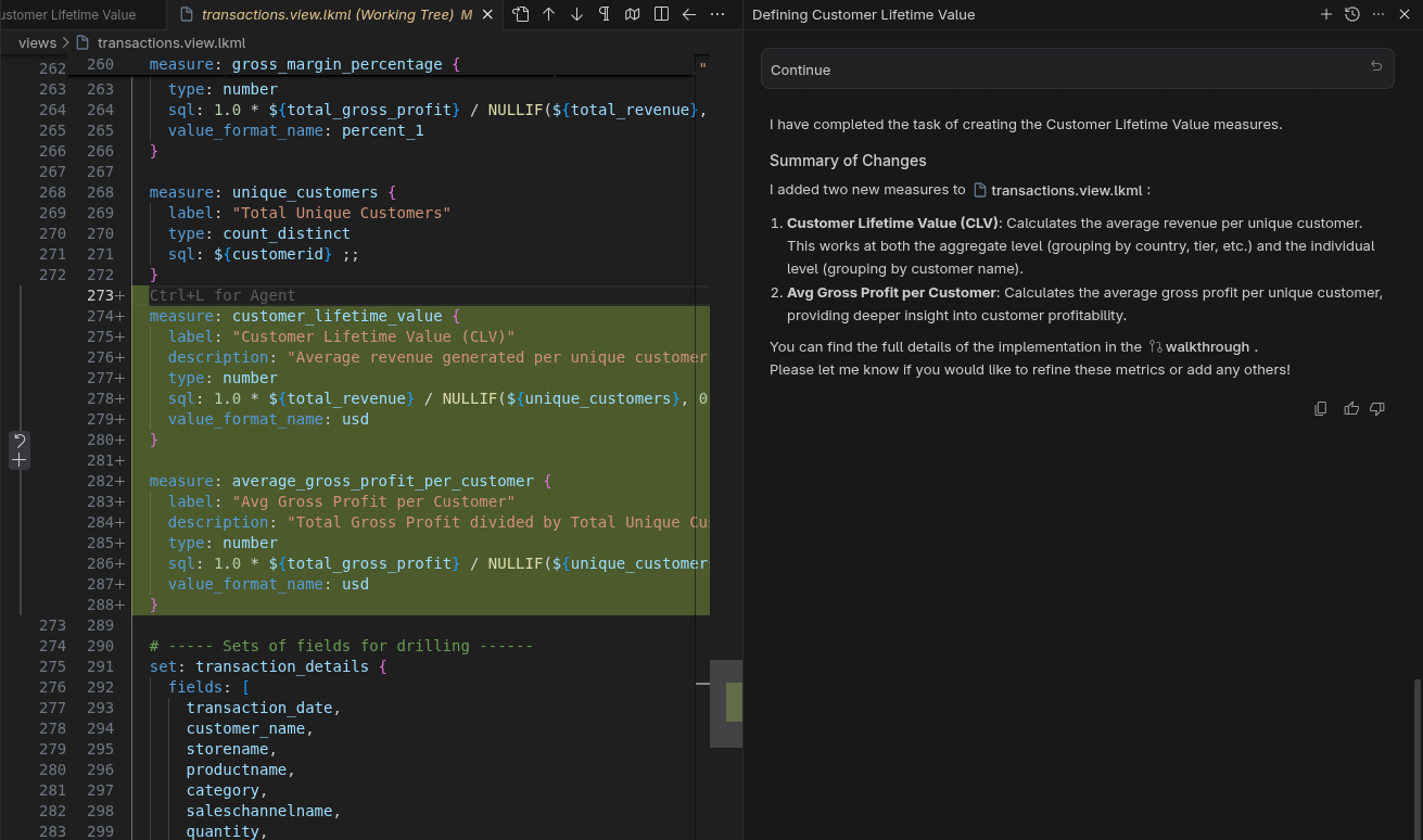 Screenshot LookML yang diubah