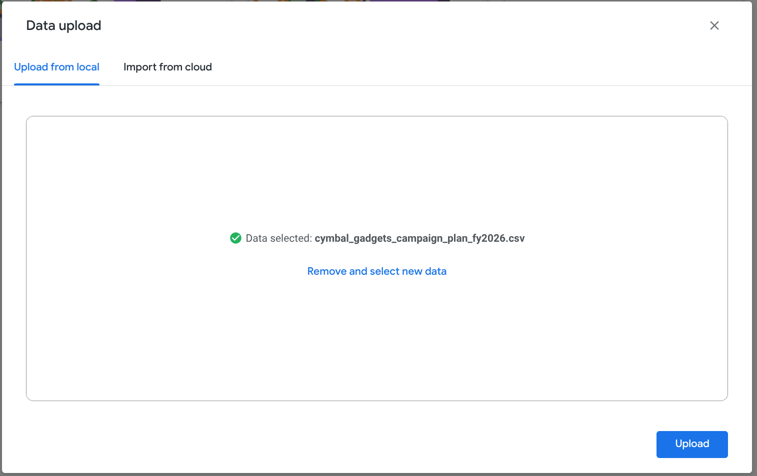Screenshot of upload button