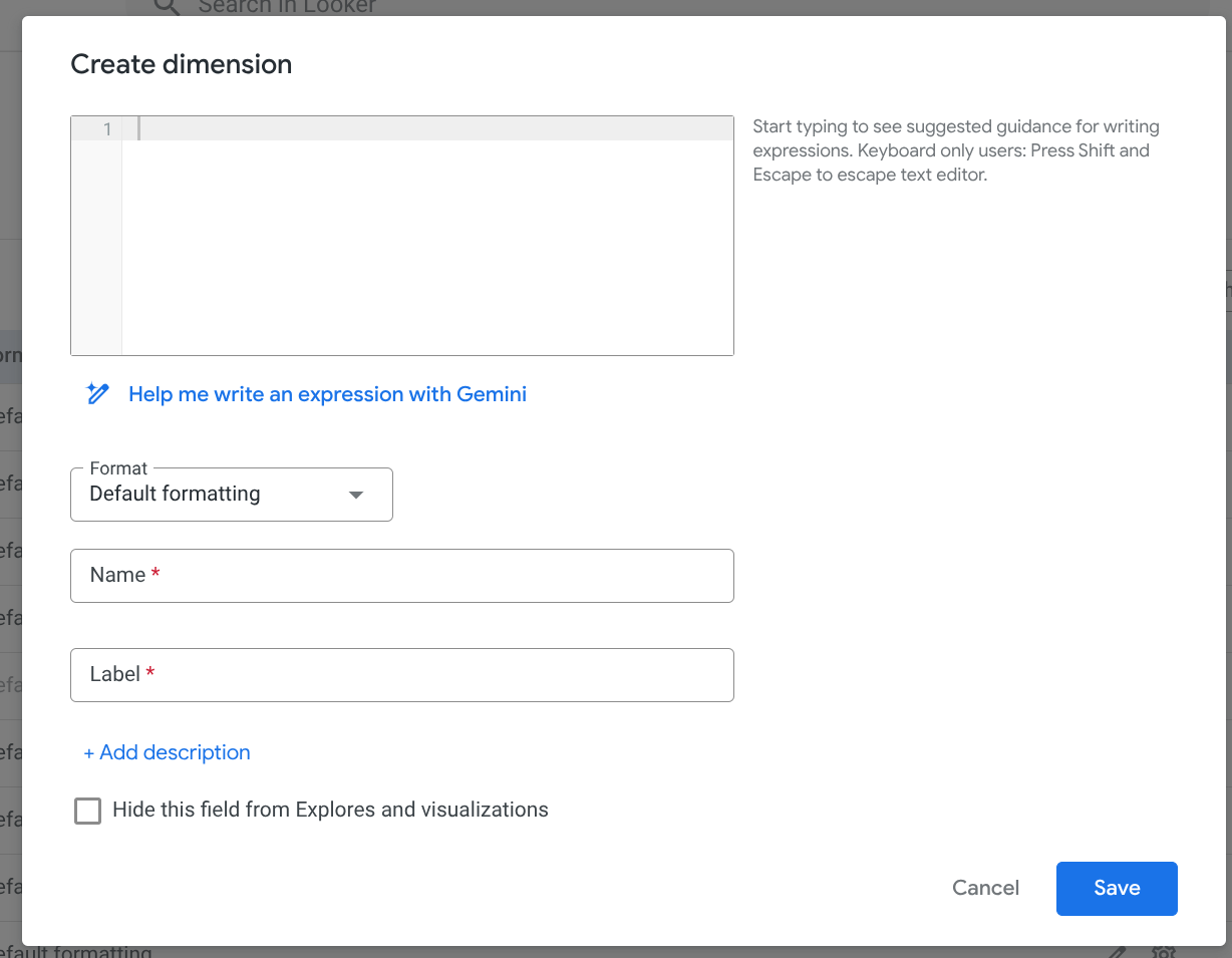 Screenshot of create dimension