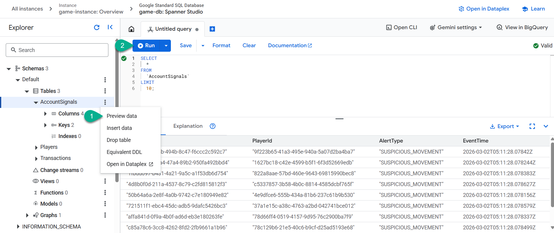 Vista previa de los datos de Spanner Studio