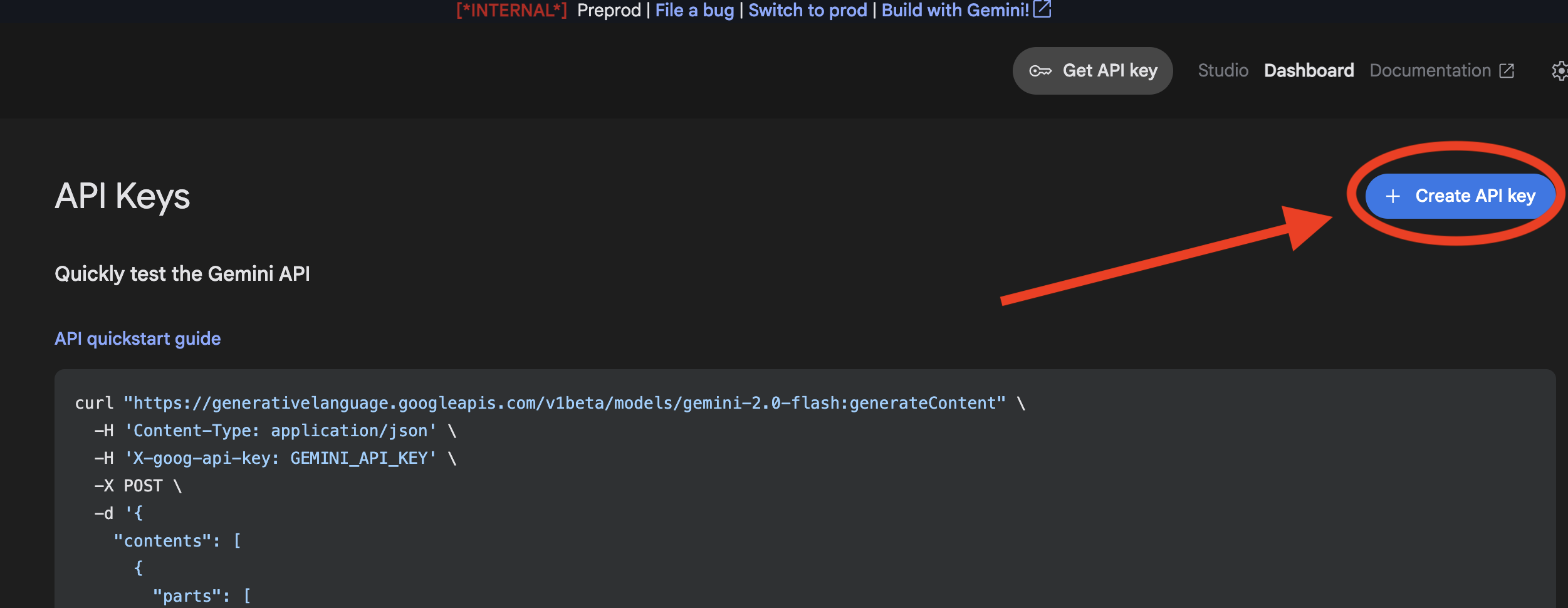 Create API key in new project