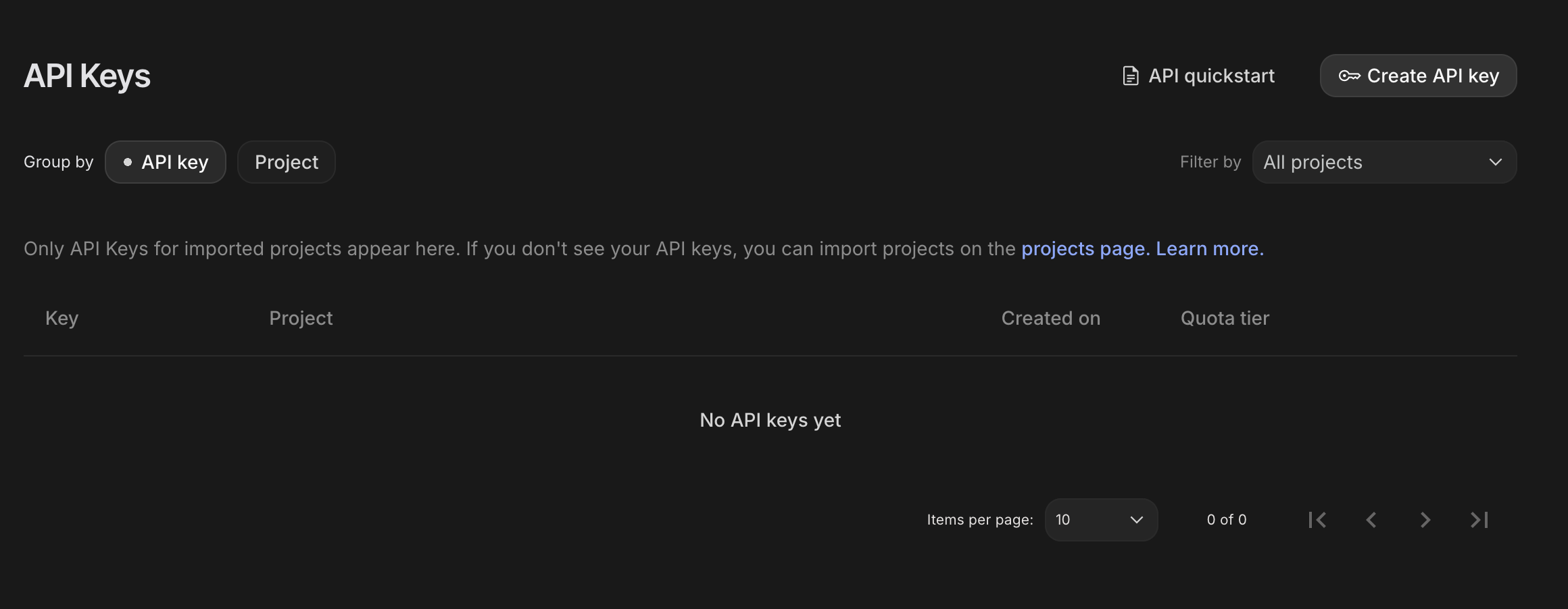 Create API key in new project
