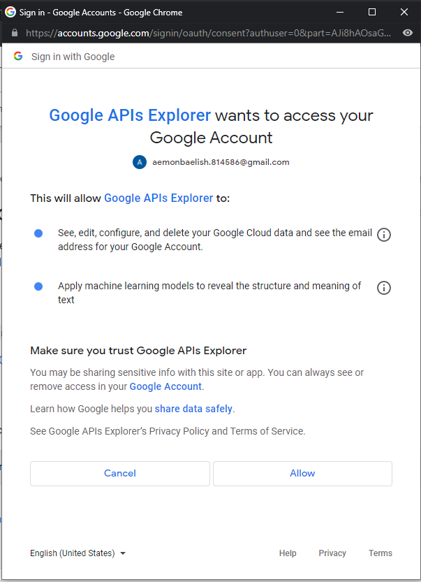 OAuth 2.0 警告,指出 Google API Explorer 想要访问您的 Google 账号。