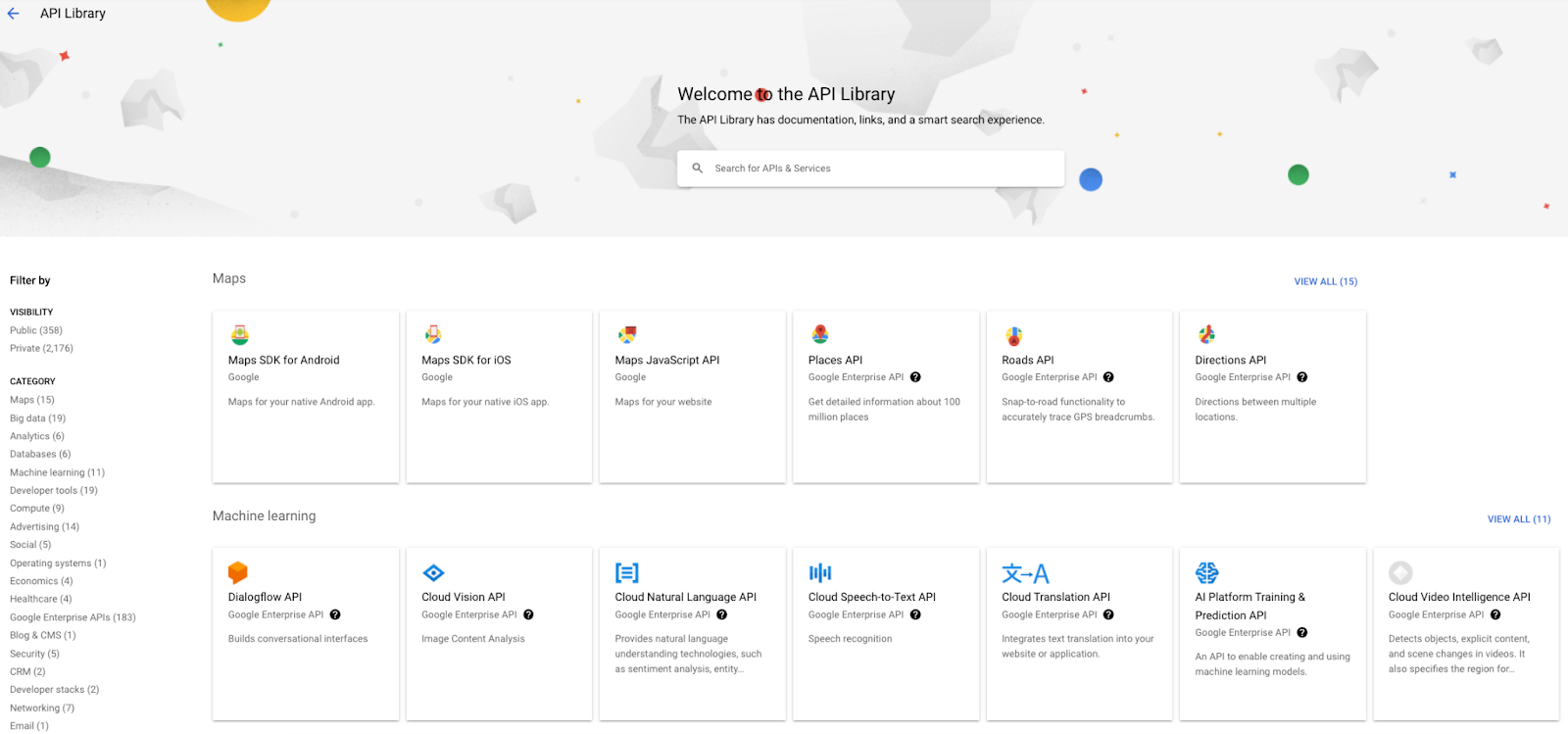 "APIs & Services Search" ফিল্ড থেকে প্রাপ্ত API গুলির একটি তালিকা।