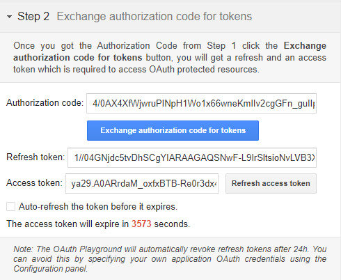 בחלונית Exchange authorization code for tokens (המרת קוד הרשאה לאסימונים), לוחצים על Exchange authorization code for tokens (המרת קוד הרשאה לאסימונים).