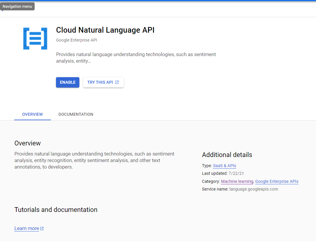 Ngăn Cloud Natural Language API cho thấy các nút BẬT và DÙNG THỬ API NÀY.