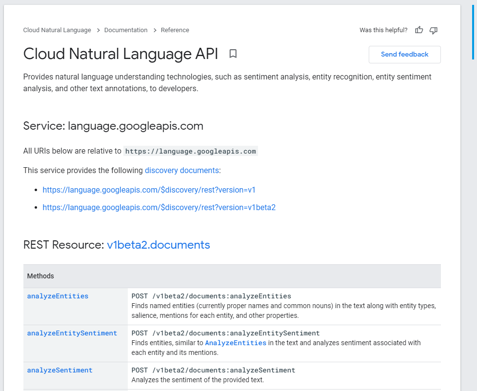 Strona referencyjna interfejsu Cloud Natural Language API.