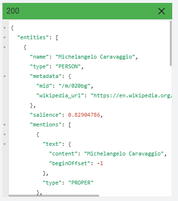 Réponse 200 avec des informations sur les entités.