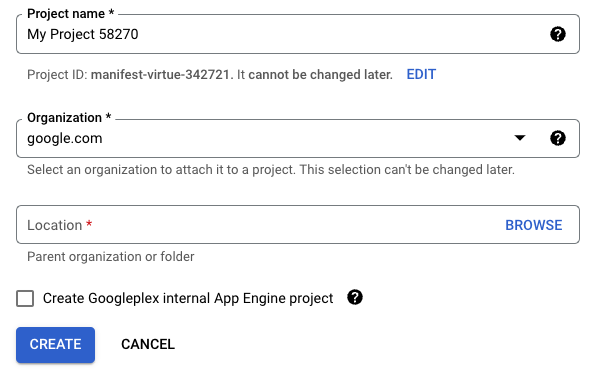 Il riquadro Nuovo progetto che mostra i campi Nome progetto, Organizzazione e Località.