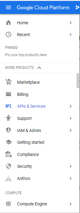 Menu de navigation principal de la console Cloud.