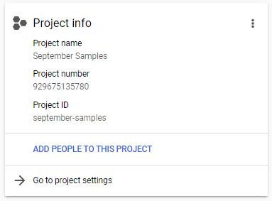 Il riquadro Informazioni sul progetto mostra i campi Nome progetto, Numero di progetto e ID progetto, nonché un pulsante per AGGIUNGERE PERSONE A QUESTO PROGETTO.