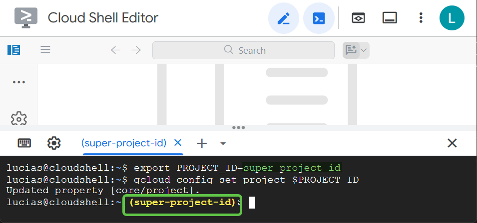 Cloud Shell: use gcloud config para definir o projeto