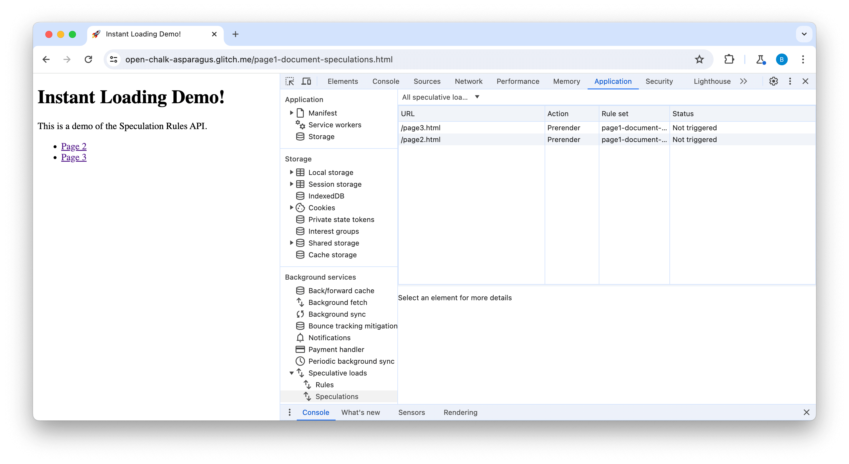 DevTools স্পেকুলেশন ট্যাব ট্রিগার হয়নি এমন দুটি পৃষ্ঠা দেখাচ্ছে