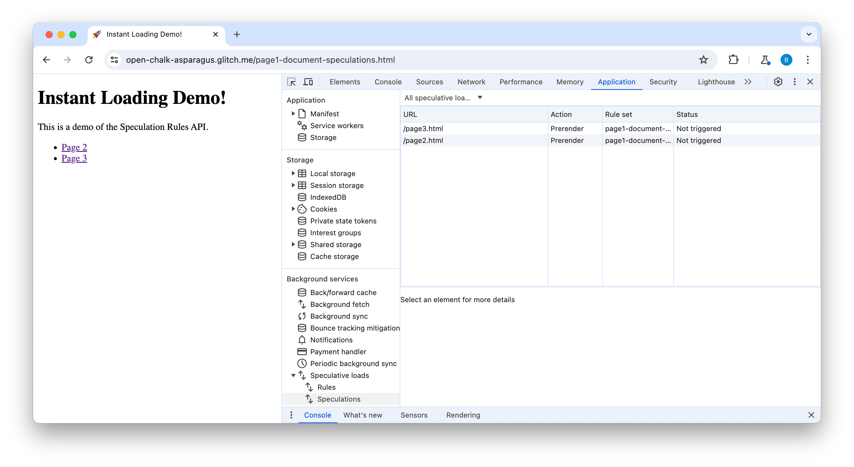 Вкладка «Предположения» в инструментах разработчика показывает две страницы, которые не были активированы.