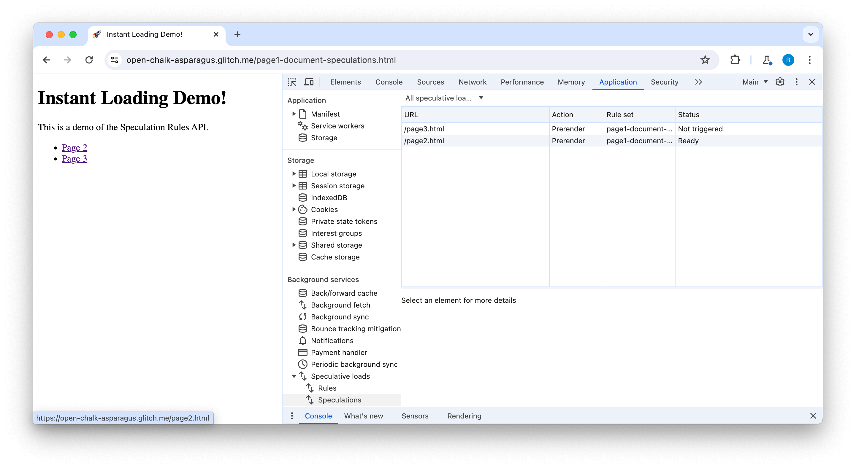 2 つのページがトリガーされたことを示す DevTools の [投機] タブ