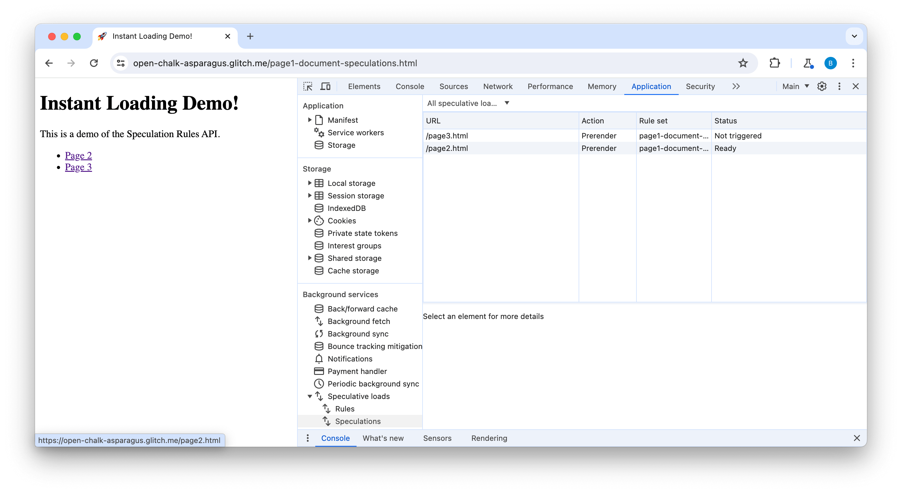 แท็บการคาดการณ์ของเครื่องมือสำหรับนักพัฒนาเว็บแสดงหน้าเว็บ 2 หน้าที่ทริกเกอร์