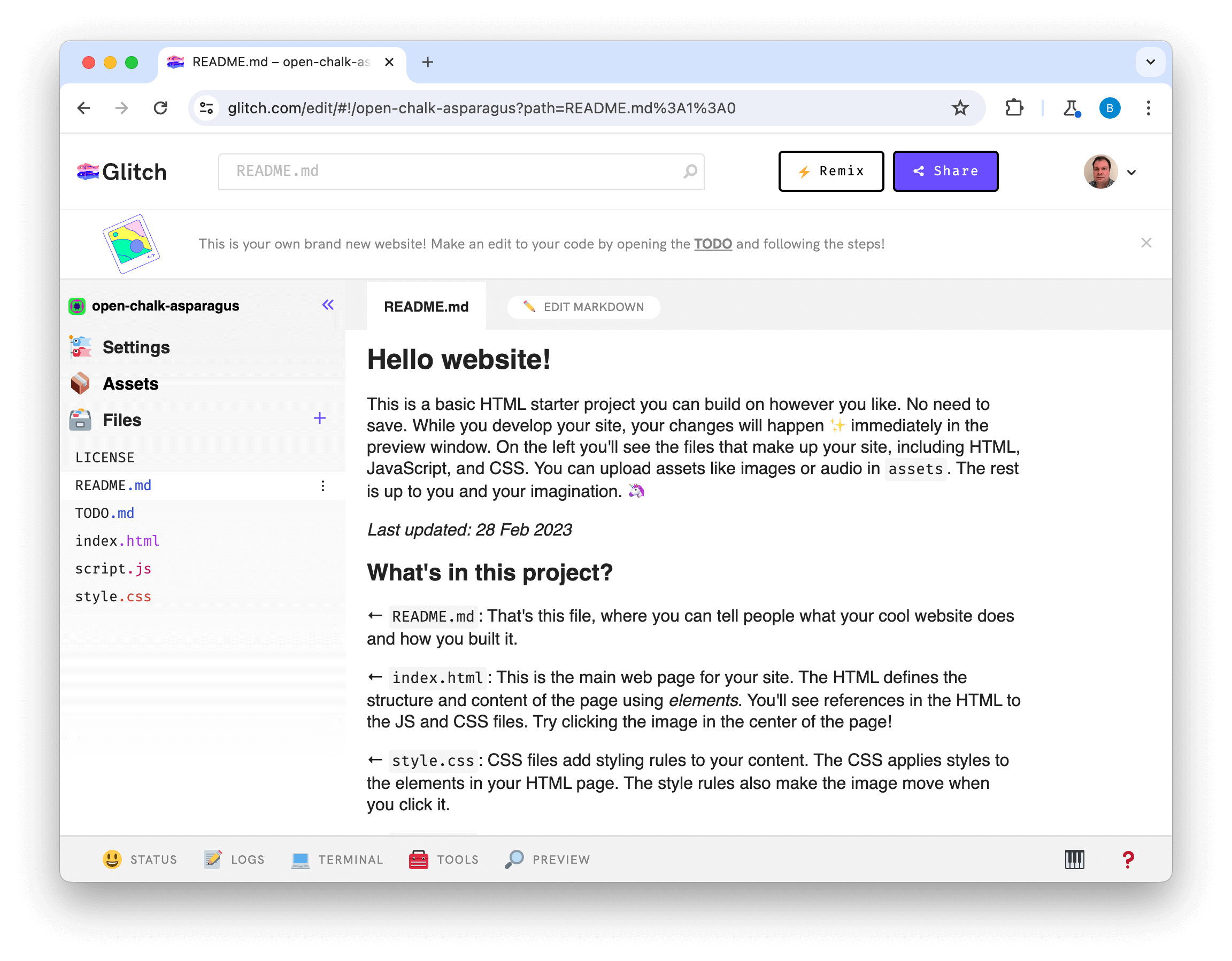 موقع Glitch Hello World الأساسي