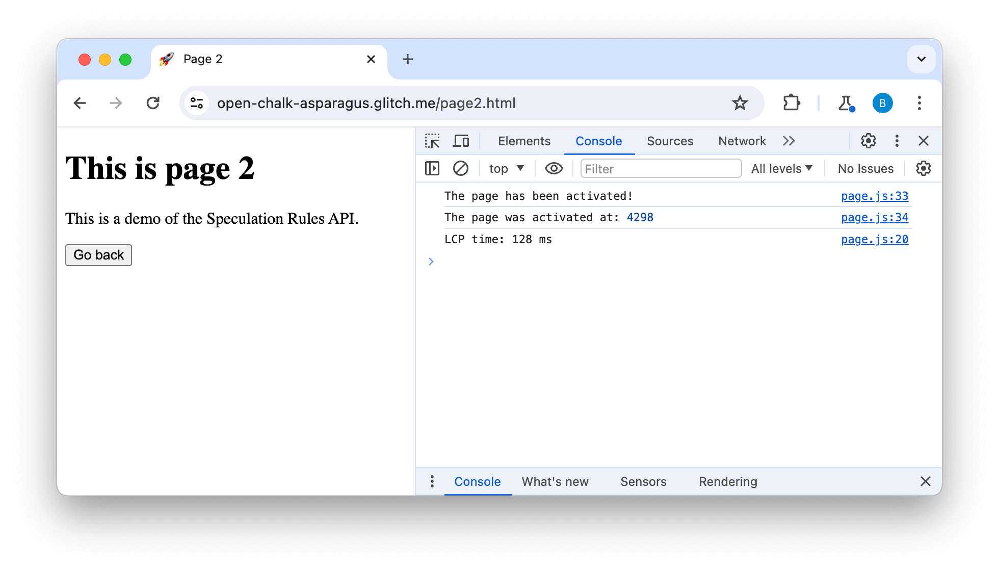 Console d'outils de développement montrant des messages de journal quand la page est activée