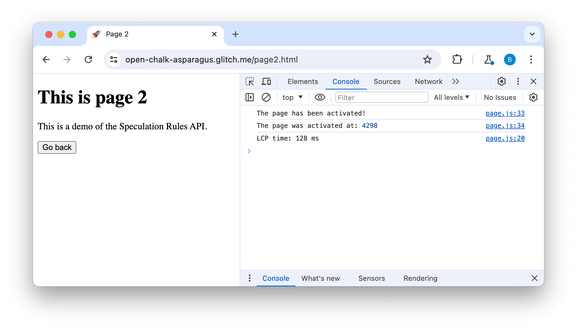 کنسول DevTools هنگام فعال شدن صفحه، پیام‌های گزارش‌گیری را نشان می‌دهد