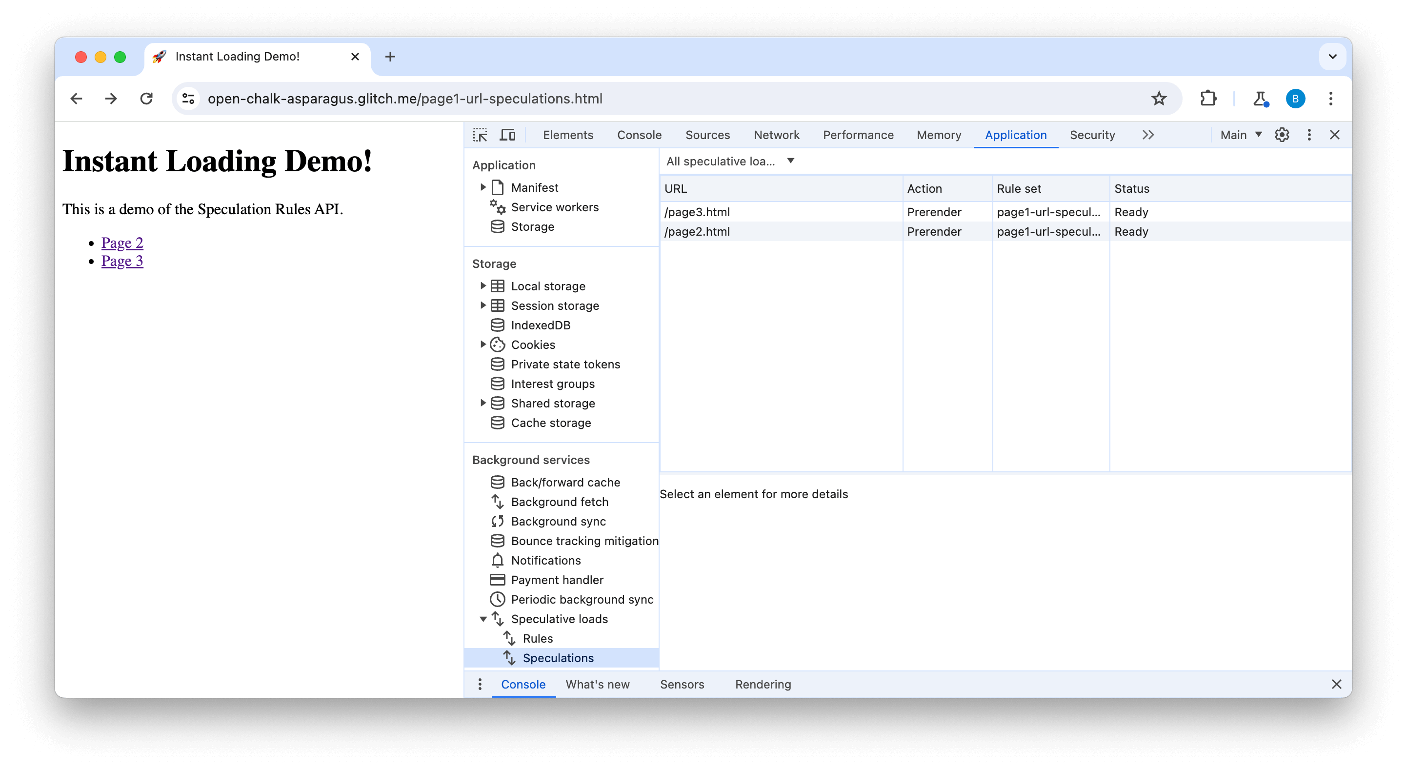 DevTools Speculations tab showing two pages have been speculated