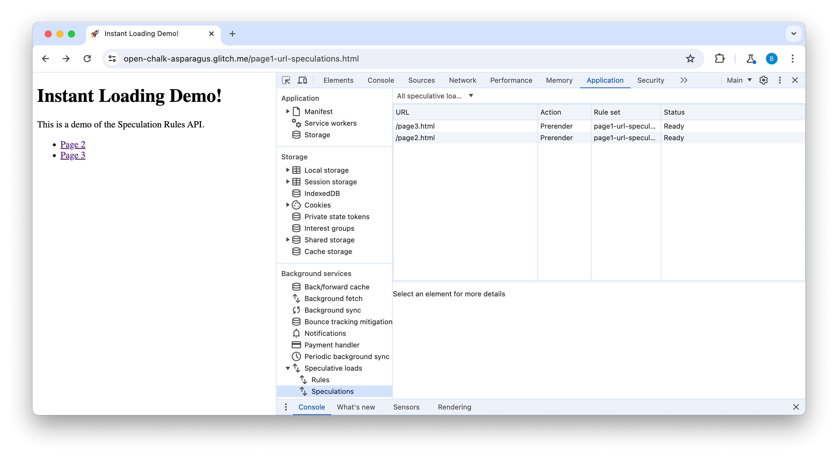 DevTools के Speculations टैब में दिखाया गया है कि दो पेजों के लिए अटकलें लगाई गई हैं