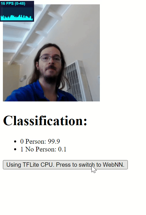 The TFLite and WebNN Models Run The TFLite CPU model and the WebNN CPU and GPU models run in the app. When one of the WebNN models is active, a dropdown menu switches between them. The CPU model gets approximately 15 FPS and the WebNN CPU model gets approximately 40.