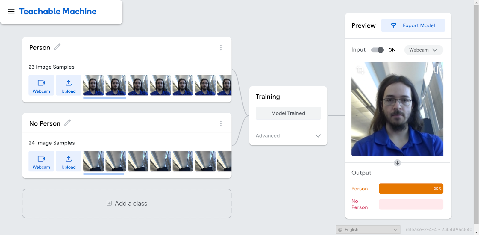 Training a Model on Teachable Machine A model is trained on images from two classes,