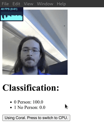 การเรียกใช้โมเดล CPU และ Coral รุ่น CPU และรุ่น Coral จะทำงานในแอปทีละรุ่นและมีปุ่มสลับไปมา รุ่น CPU ได้รับประมาณ 20 FPS และรุ่น Coral ได้รับประมาณ 45