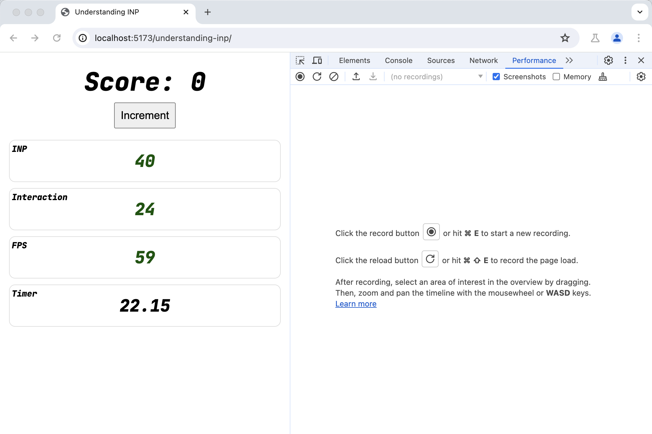 Captura de tela do painel &quot;Performance&quot; do DevTools ao lado do app