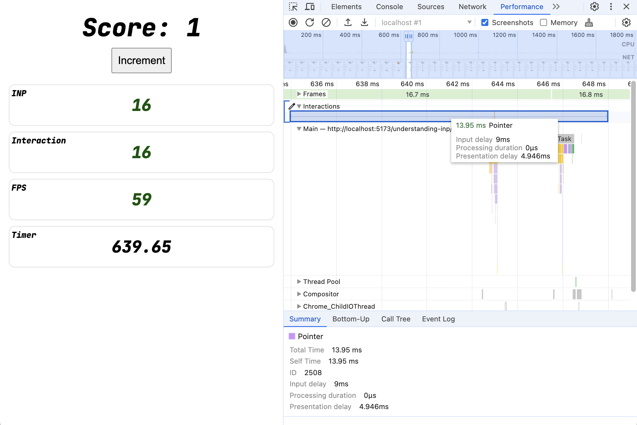 DevTools परफ़ॉर्मेंस पैनल का स्क्रीनशॉट, पैनल में इंटरैक्शन पर कर्सर घुमाता हुआ, और एक टूलटिप है जिसमें इंटरैक्शन के कम समय की जानकारी मौजूद है