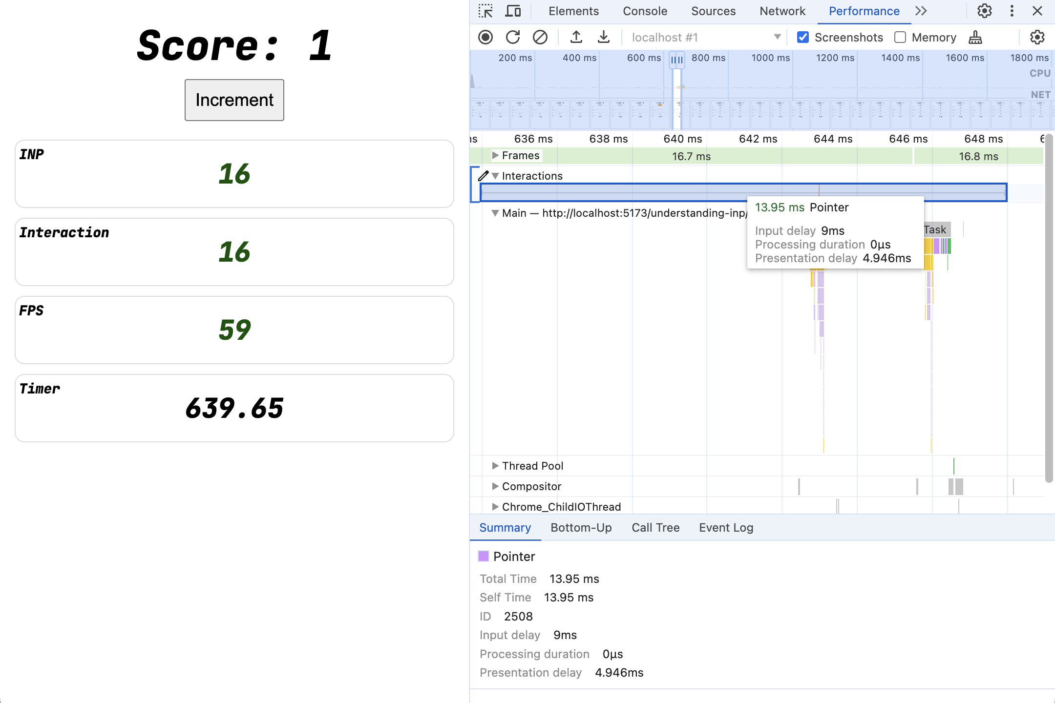 Una captura de pantalla del panel Performance de Herramientas para desarrolladores, el cursor que se coloca sobre la interacción en el panel y un cuadro de información que muestra el breve tiempo de la interacción