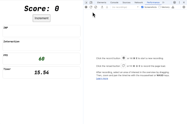 Uma demonstração animada de como gravar uma interação usando o painel de performance do DevTools