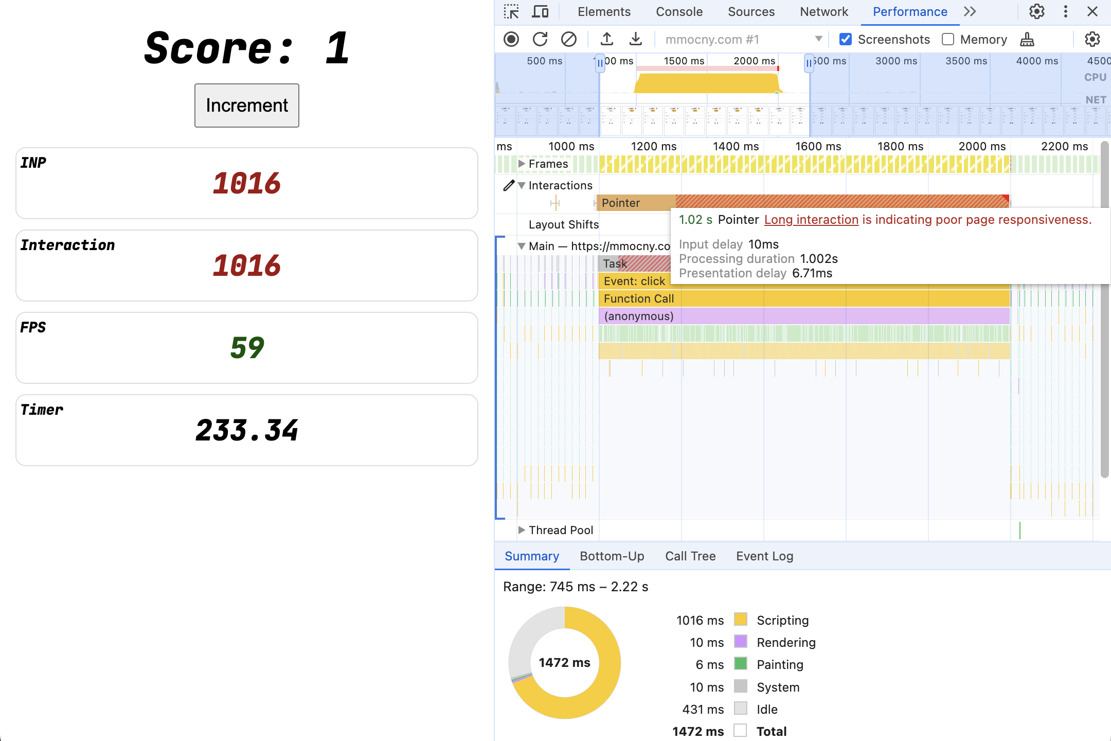 A one-second-long interaction in the Performance panel