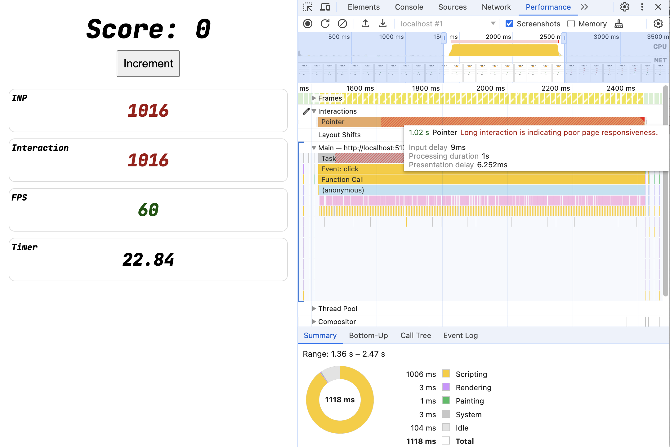 A still one-second-long interaction in the Performance panel