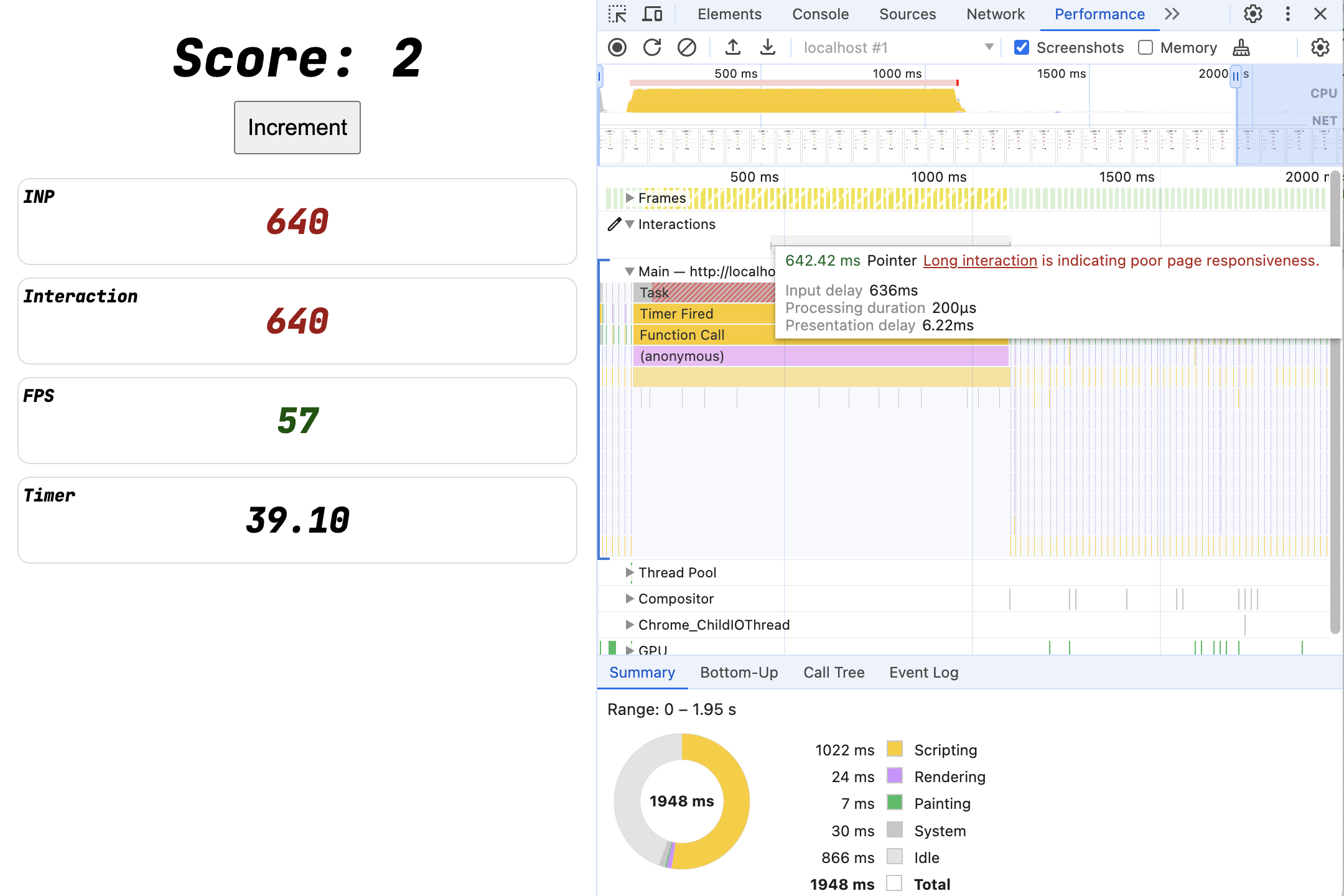 O painel &quot;Performance&quot; do DevTools mostrando uma tarefa de bloqueio de um segundo, uma interação chegando no meio dessa tarefa e uma interação de 642 milissegundos, atribuída principalmente ao atraso de entrada