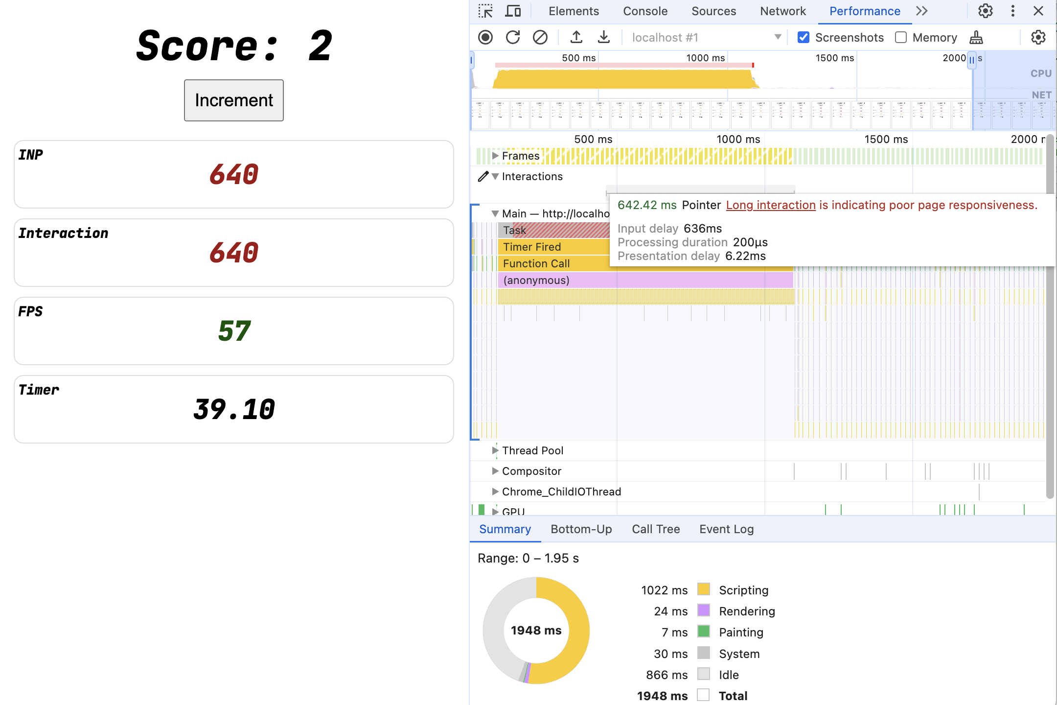The DevTools Performance panel showing an one-second blocking task, an interaction coming in part way through that task, and a 642 millisecond interaction, mostly attributed to input delay
